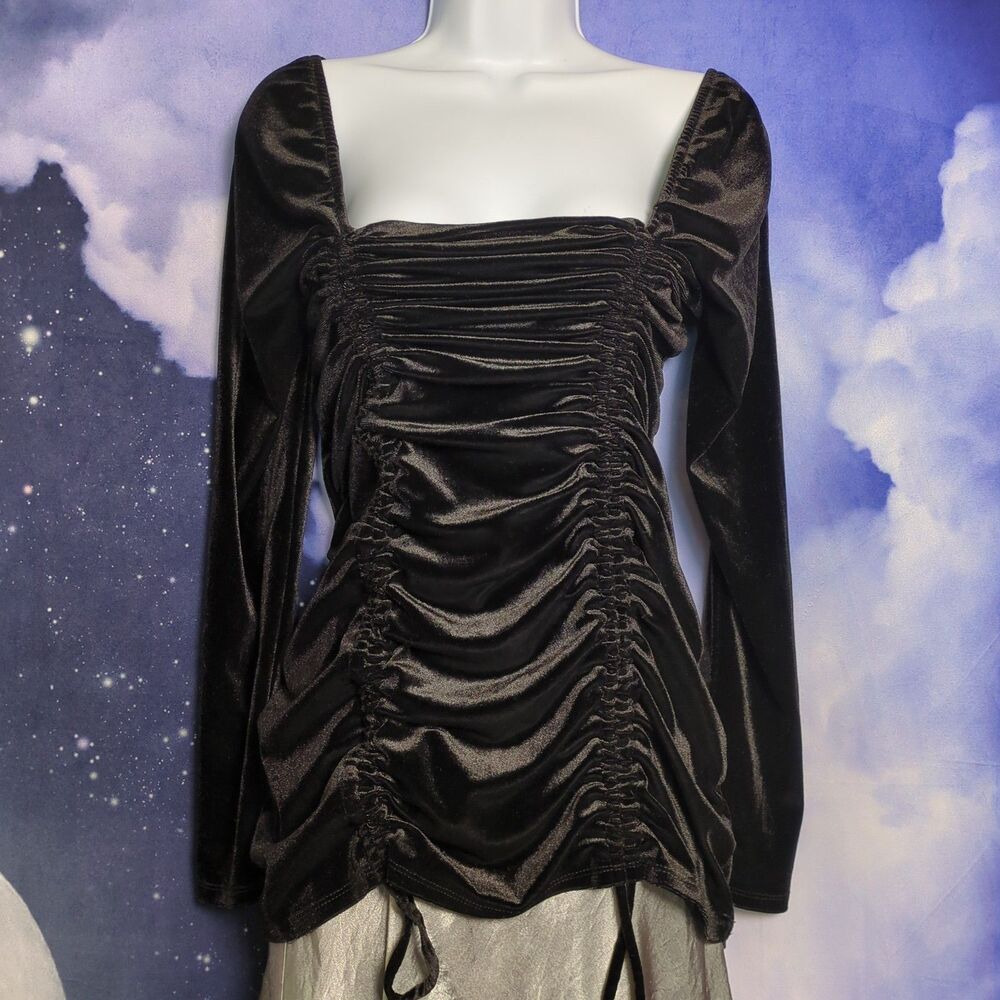 Black Velvet Ruched Mini Dress Top Goth Coquette Vamp Party Going Out Large